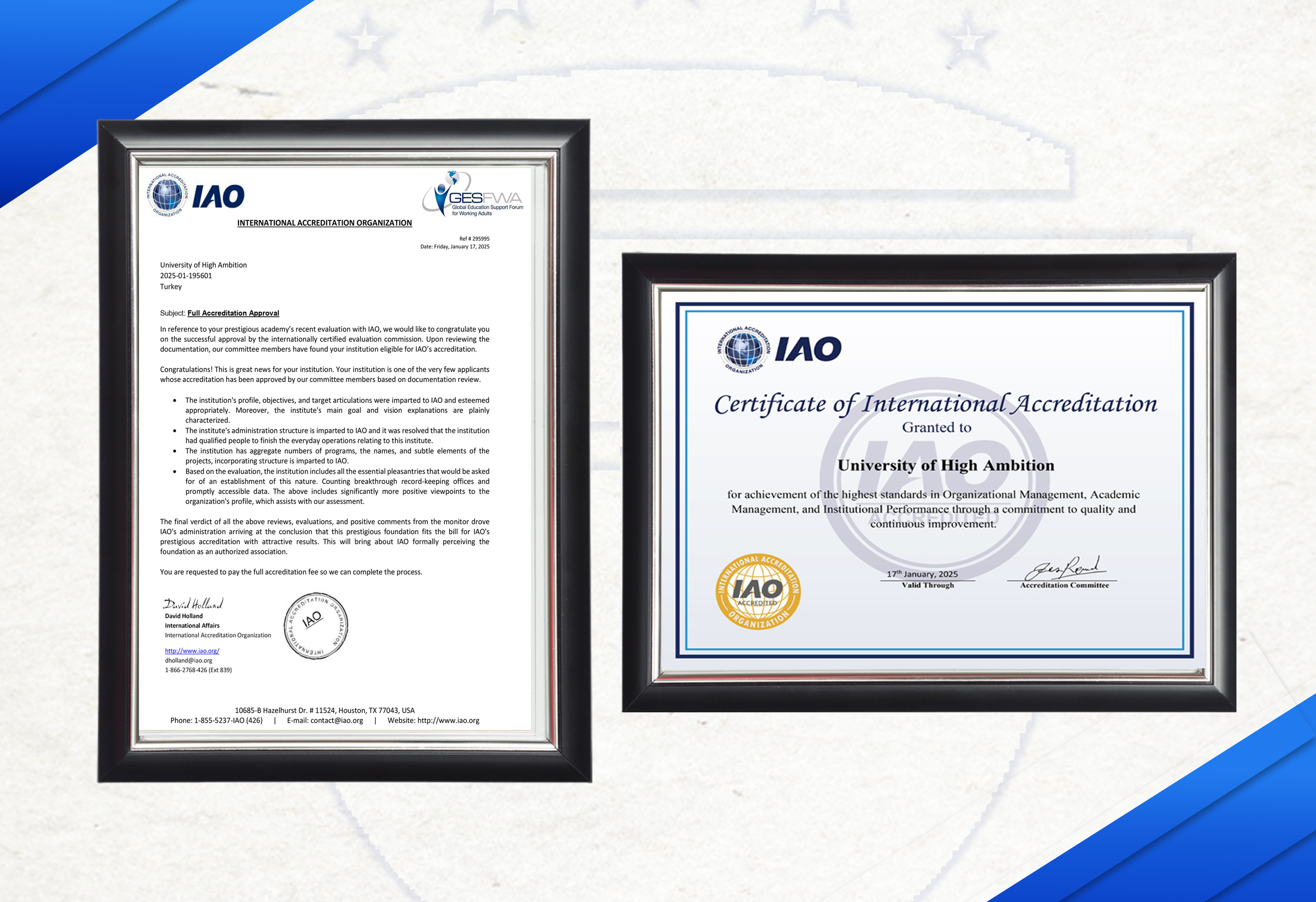 شهادة الاعتماد الدولي من IAO لجامعة UHA.